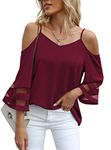 Jouica Womens Summer V Neck Mesh Panel 3/4 Bell Sleeve Tops Open Shoulder Tshirts Blouses,Wine Red,Small