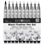 Brite Crown Drawing And Sketching Pens Set - 10 Black Fineliner Pens 0.2mm To 1.0mm Width Tips & 2.5mm Micro Calligraphy Brush-tip Pen, Ideal Gift Idea For Artists And Beginners