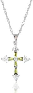 RIZILIA Faith Cross Necklace for Women - Trapezoid Round Cut CZ August Peridot - 18K White Gold Plated Birthstone Pendant, 18"+2" Chain - Gift Boxed for Her, Mother Birthday Anniversary