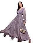 Miss Chase Women's V-Neck Bishop Sleeve Floral Gathered Chiffon Maxi Dress (MCSS23D06-65-190-03, Multicolored-Base-Purple, S)