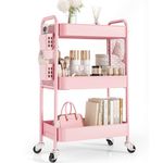 Rolling Carts with Wheels, TOOLF 3 Tier Rolling Utility Cart, Metal Storage Organizer with Pegboard Hooks Bins for Bathroom Kitchen Storage, Three Tier Cart for Diaper & Craft Art Lash Supplies, Pink