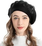 ZLYC Womens French Beret hat, Reversible Solid Color Cashmere Mosaic Warm Beret Cap for Girls (Flower Black)