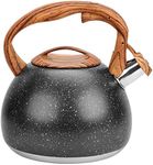 Foedo Tea Kettle, 3.2 Quart Whistling Tea Kettle Stovetop, Tea Pots for Stove Top Food Grade Stainless Steel with Wood Pattern Handle, Black Teapot