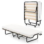 COSTWAY Folding Bed with 10cm Thick Luxurious Memory Foam Mattress, Portable Guest Bed on Wheels, Metal Frame Wood Slats Single Fold up Bed Sleeper for Home Office Camping (White, 200x78cm)