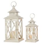 Lanterns Decorative Outdoor&Indoor, Set of 2 (14"&10") Beige Metal Lantern Decor with Glass, Candle Holder for Porch, Patio, Garden, Balcony, Wedding, Table Centerpiece