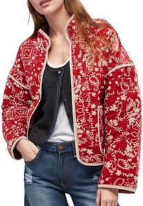 Wyeysyt Women's Cropped Quilted Jacket Floral Print Padded Puffer Jackets Lightweight Open Front Cardigan Coat Outwear(RedFloral-L)