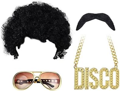 JeryWe Men's Wig 70s 80s Disco Dude Dirt Bag Wig & Moustache Necklace Short Curly Afro Shaggy Wig Blonde Mixed Black