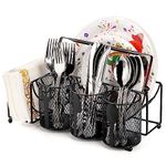 Mezchi Metal Utensil Caddy with 5 Compartments, Black Mesh Silverware Caddy Organizer, Flatware Storage Holder for Napkins, Plates, Party, Camping, Picnic, Buffet, RV, BBQ, Kitchen, Countertop