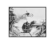 Poster Master Vintage Motorcycle Jump Poster - Retro Old Train Print - Photography Art - Daredevil Art - Gift for Him, Men, Bike Enthusiast - Great Decor for Man Cave, Garage - 8x10 UNFRAMED Wall Art