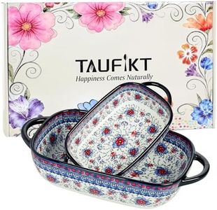 TAUFIKT Ceramic Casserole Dishes for Oven, Hand-painted Polish Pottery Baking Dish Set of 2, 0.8QT / 2QT Porcelain Casserole Dishes with Handles, Baking Pan Deep Lasagna Pan, Gift Set (Blue)