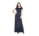 Adrianna Papell Women's Short Sleeve Blouson Beaded Gown, Navy, 10