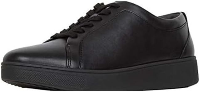 FitFlop Women's Rally Leather Sneakers with Flexible, Slip Resistant Rubber Outsole and Anatomicush Midsole, Old-School Tennis Shoe Style, On The Go Ergonomic Padded Footwear, All Black, 11