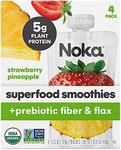 Noka Superfood Smoothie Pouches (Strawberry Pineapple) 4 Pack, with Plant Protein, Prebiotic Fiber & Flax Seed, Organic, Gluten Free, Vegan, Healthy Fruit Squeeze Snack Pack, 4.22oz Ea