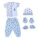 LuvLap Newborn Baby Gift Set of 5 items, Open Half Sleeves Jhabla Vest- Tshirt, Pajama Pants, Cap, Mittens and Socks, Cottony Soft, Skin Friendly, baby clothes set 0-3 months, White Boat Hats Print