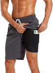 difficort Mens Swimming Trunks with Compression Liner Quick Dry Swimwear Beach Shorts with Zipper Pockets,Dark Grey,XX-Large