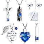 5 Pieces Cremation Urn Necklace Heart for Ashes Crystal Heart/Cross/Cylinder/ Cubic Memorial Locket Stainless Steel Pendant Necklace for Women Men Keepsake (5 Piece Set - Blue)