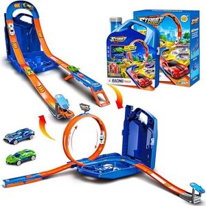 Race Track Toy Car Set with 2 Race Cars,2 in 1 Magic Tracks Style with Storage Box,Changeable Tracks Toys Gifts for 3 4 5 6 7 8+Year Old Boys Girls (Blue)