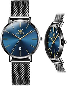 OLEVS Black Watch for Women Blue Face Slim Womens Watch for Small Wrists Easy to Read Stainless Steel Mesh Bracelet Female Dress Wristwatch with Date Fashion Casual Thin Ladies Wristwatch Waterproof