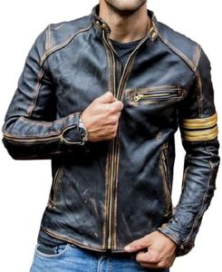 Mens Real Leather Biker Cafe Racer Vintage Motorcycle Distressed Black Genuine Leather Jacket (L)
