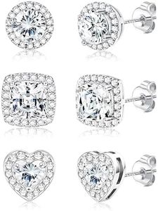JeweBella Pendientes Mujer Plata de Ley 925 Chapada en Oro de 18K Pendientes Circonita Juego de Pendientes Corazón Cuadrados Redondos Billantes Grandes Simulado Diamantes Pendientes Plata/Oro