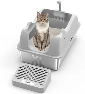 Furkid Enclosed Cat Litter Box Stainless Steel with Lid, XL Extra Large Litter Box for Big Cats, Metal High Sided Litter Box with Scoop, Non-Sticky Anti-Leakage Easy Cleaning Gray