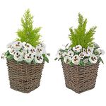 GreenBrokers 2 x Artificial Rattan Planters with White Faux Silk Pansies & Conifer Topiary | Realistic Outdoor/Indoor Decor | Low Maintenance (60cm/23.5in)