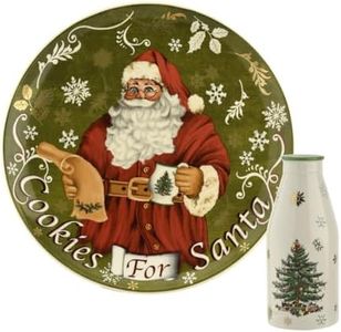 Spode Christmas Tree Plate and Bottle Set (2-Piece) - 8.5" Porcelain "Cookies for Santa" Plate & 10 Oz Holiday-Themed Jug, Dishwasher Safe Festive Collectible Seasonal Gift Set