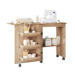 Flrrtenv Folding Sewing Table Multipurpose Craft Station & Side Desk with Compact Design, Wheels, Shelves, Bins, Pegs, Magnetic Doors, Metal Doorknobs - Natural