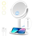 MIYADIVA Lighted Makeup Mirror, 20X Magnifying Mirror with Light and Adjustable Brightness, Vanity Mirror with 3 Color Light, 2-Sided Tabletop Mirror， Detachable Travel Makeup Mirror with Light 8.8 In