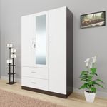 VIKI Wardrobe | Wooden Almirah for Clothes,Door for Bedroom, 3 Door Wardrobe with Drawer, Mirror & Hanging Space (Dark Wenge, Frosty White - 40D x 120W x 180H) | 1 Year Warranty | Free Assembly