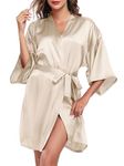 Wikoan Women's Satin Dressing Gown, Soft Silk Robe Lightweight Sleepwear for Bridal, Wedding Party Robes with Oblique V-Neck,XL,Dark Champagne