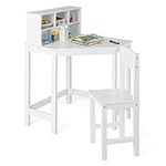 Costzon Kids Desk and Chair Set, Wooden Kids Study Corner Table with Hutch & Bookshelf for Small Space, Space Saving Student Writing Table Computer Workstation Gift for Boys Girls Ages 3+ (White)