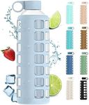 purifyou 40/32/22/12 oz Borosilicate Glass Water Bottles with Volume & Times to Drink, Silicone Sleeve & Stainless Steel Lid Insert, Reusable Bottle for Fridge Water, Milk, Juice (32oz Ice Blue)