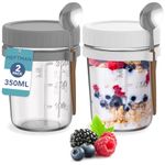 HEFTMAN Glass Overnight Oats Jars with Lids - 2 Pack 350ml Overnight Oats Jar with Spoons, Airtight Food-Safe Breakfast Pots with Lids for Yogurt, Chia Pudding - 12oz, Reusable (2 PCS)