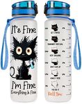 Cat Gifts, Black Cat Water Bottle 32 oz with Time Marker, It's Fine I'm Fine Cat Bottle, Cat Gifts for Cat Lovers, Crazy Cat Gifts, Gifts for Halloween