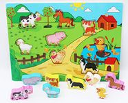 TOWO Wooden Animal Puzzles - Shinnington Farm Animals Peg Puzzles Inset Chunky Size - Wooden Jigsaw Puzzle for 18 Months Old - Baby Toddler First Puzzle as Early Learning Toys