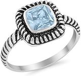 Blue Apple Co. Bezel Solitaire Twisted Cable Oxidized Design Fashion Ring Princess Cut Simulated Aquamarine 925 Sterling Silver