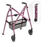 Stander EZ Fold-N-Go Walker, Lightweight Folding Mobility Frame with 2 Swivel Wheels, Elderly Travel Walking Aid, Regal Rose (Eligible for VAT Relief in the UK)