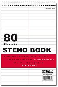 BAZIC Perforated Writing Pad Writing Pad, 80 Sheets 6"x9" White Gregg Ruled Steno Book, Lined Writing Pads for Office School, 1-Pack