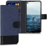 kwmobile Wallet Case Compatible with Google Pixel 4a - Case Fabric and Faux Leather Phone Flip Cover - Dark Blue/Black