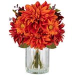 Arborus Fake Fall Flowers with Vase, Artificial Dahlia & Mum Silk Floral Arrangement with Glass Vase Faux Autumn Flowers Bouquet for Home Office Room Coffee Table Centerpiece Wedding Decor(Orange)