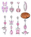 JeryWe 8pcs Belly Button Bars Clicker Belly Button Rings for Women Girls Surgical Steel with Dangle CZ Butterfly Heart Curved Reverse Navel Rings Pink Blue White Belly Bar Piercing Body Jewelry 14G