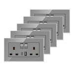 5 Pack CNBINGO Glass Double Switched Socket with USB-A and Type-C Charging Ports, Grey Tempered Glass Panel Wall Outlet, 2 Gang 13 Amp Electric Power Socket