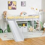 COSTWAY Kids Mid Sleeper Bed, Children Loft Beds with Slide, Stairs and Safety Guardrails, Metal Single Bunk Bed Frame for Boys Girls, 150kg Capacity (White)