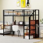 Merax Twin Size Metal Loft Bed with Desk and Metal Grid, Stylish Metal Frame Bed with Lateral Storage Ladder and Wardrobe, Black