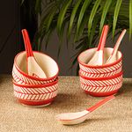 ExclusiveLane 'Red Chevrons' Handcrafted Ceramic Soup Bowl with Spoon/Soup Cups (Set of 4, 250 ML, Microwave Safe & Dishwasher Safe) - Soup Bowl Set with Spoon