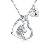 TINGN Unicorn Necklace for Girls Gifts, 14K White Gold Plated Colorful CZ Heart Pendant Necklace Jewelry Letter Unicorn Initial I Necklaces Teenager Gifts Girls Jewelry Unicorn Gifts for Girls