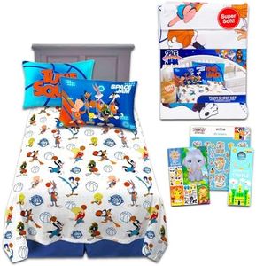 WARNER BROS PICTURES Space Jam Sheets - Looney Tunes Bedding Bundle for Twin Bed Includes 1 Space Jam Flat Sheet, 1 Fitted Sheet, 1 Pillow Case, Looney Tunes Stickers, More | Space Jam Bedding