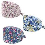 Cute Printed Working Caps Bouffant Hats for Women Men with Button and Adjustable Sweatband Scrub Caps (3 Pcs - Flowers, Multicolor)