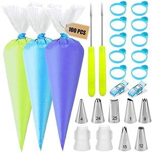 Makmeng Piping Bags and Tips Set - 100 12Inch Disposable Piping Bags for Royal Icing with 7 Frosting Tips, 10 Pastry Bags Ties, 2 Scriber Needle - Tipless Piping Bags Kit for Cookies & Cake Decorating